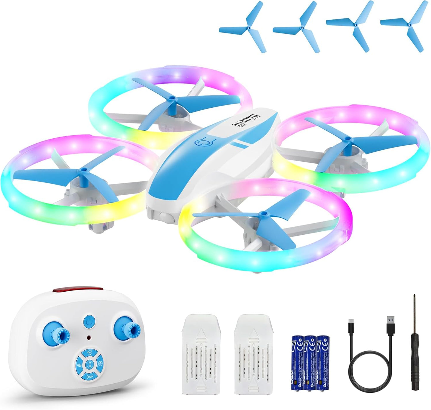 Dacene Dron para Niños con 5 Modes de Luces LED, Mini Drones Quadcopter RC para Principiantes, Retención de Altitud/360 Flip/3 Velocidades, Juguetes Regalos para Niños Niñas 8+ Años (Azul)